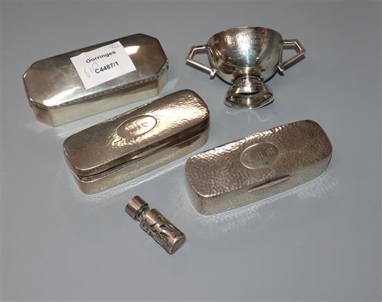 Three silver pin boxes, a silver two handled salt and a mounted scent bottle.